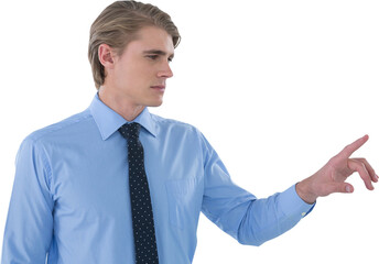 Young businessman touching imaginary interface screen