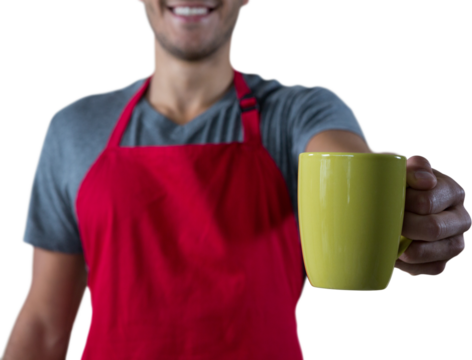 Male waiter holding coffee mug