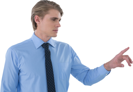 Young businessman touching imaginary interface screen