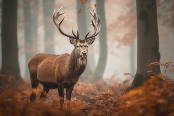 Beautiful Forest Landscape of Foggy Misty Forest deer  Generative AI