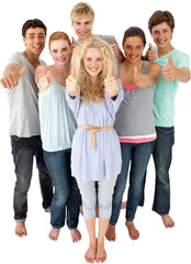 Fototapeta premium Group of teenagers standing in front of the camera with thumbs up