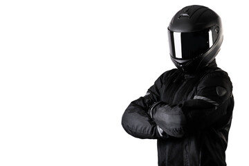 Portrait of a motorcycle rider on a transparent background arms crossed. - 588459986