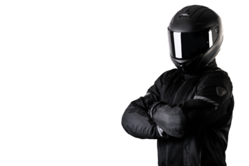 Portrait of a motorcycle rider on a transparent background arms crossed.
