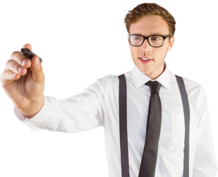 Geeky businessman writing with marker