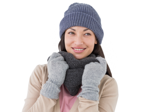 Smiling brunette wearing warm clothes - Powered by Adobe