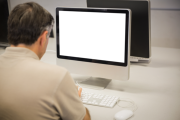 Rear view of businessman using computer