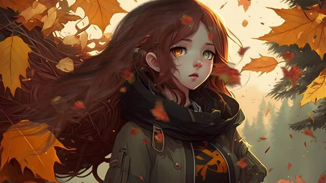 Beautiful Red-Haired Anime Girl with Flowing Hair and Blowing Leaves. Looping. Animated Background / Wallpaper. VJ / Vtuber / Streamer Backdrop. Seamless Loop.
