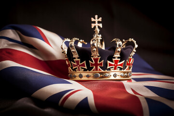 close up portrait of royal golden crown on british flag background. AI generated content - obrazy, fototapety, plakaty