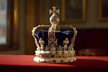 close up portrait of royal golden crown on dark background. AI generated content - obrazy, fototapety, plakaty