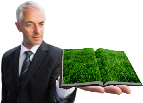 Man showing lawn book