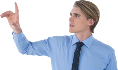Young businessman using invisible imaginary interface