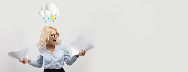 Sad angry young european businesswoman with documents feeling angry, have nervous breakdown