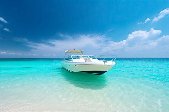 Motor boat in turquoise ocean water against blue sky with white clouds and tropical island. Summer vacation, tropical beach with turquoise water, summer holidays vacation. generative ai
