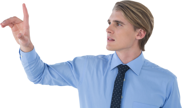 Young businessman using invisible imaginary interface
