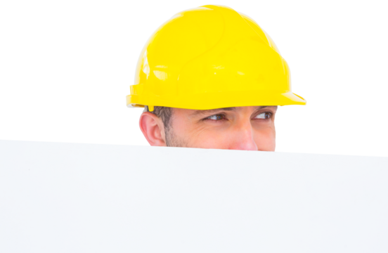 Handyman hidden behind blank board 
