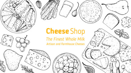 Cheese sketch, hand drawn illustration, top view frame. Food design template. Package pattern. Vector illustration with collection of cheese. Engraved style image. Dairy farm products cheese.