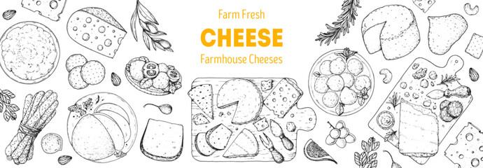 Cheese sketch, hand drawn illustration, top view frame. Food design template. Package pattern. Vector illustration with collection of cheese. Engraved style image. Dairy farm products cheese.