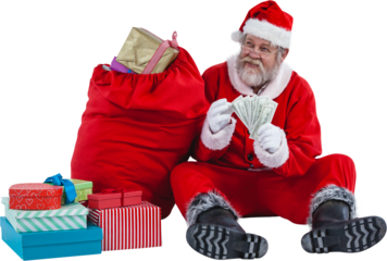 Santa Claus sitting by Christmas gifts and counting currency notes