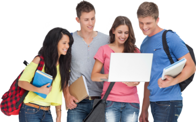 A group looking into a laptop and smiling