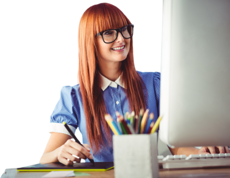 Attractive hipster woman using graphics tablet 