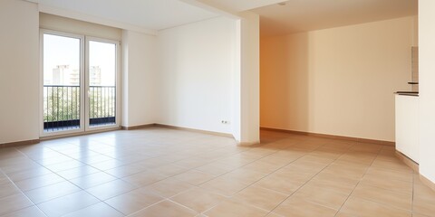 Fototapeta na wymiar The interior of a new apartment features an empty living room with a sleek tiled floor, Generative AI