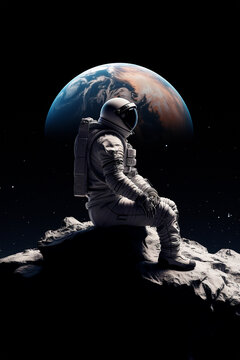 3d illustration of astronaut sitting on moon rock with earth in background. Elements of this image inspired by NASA space astronaut photos. Made with Generative AI.
