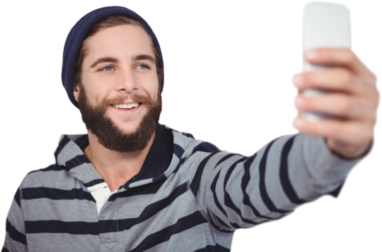 Happy hipster with hooded shirt taking selfie