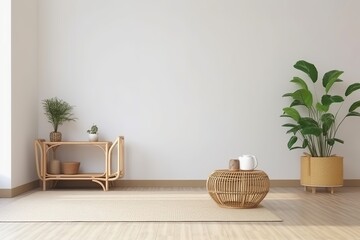 Living room interior mockup with wicker rattan table and green plants on an empty white wall background, Generative AI