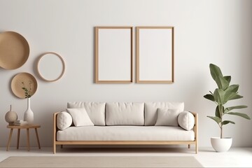 Empty vertical wooden frame hangs above a sofa in a trendy minimalist living room with warm neutral tones, Generative AI
