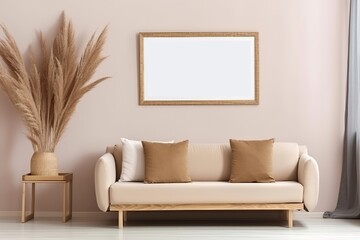 The empty mockup frame in a beige color scheme with beige walls and a wooden parquet floor, featuring a comfortable armchair, Generative AI