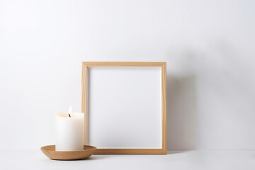 Wooden frame mockup with candle on a white wall background, Generative AI
