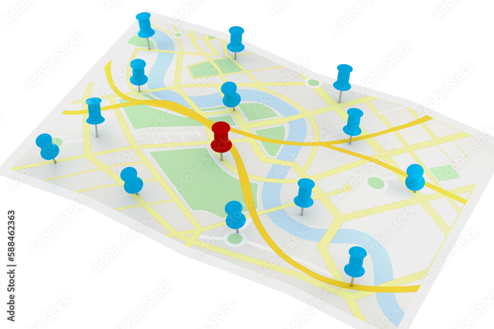 Wall mural red pointer surrounded by blue markers on world map