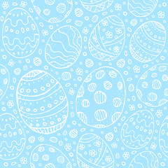 Seamless background with white contour Easter eggs on a blue background. Stylized Easter eggs with patterns