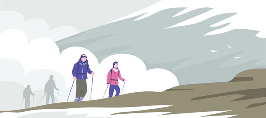 People climbers on the mountain. Hiker with backpacks on the background of a cloud. Cold and snow. Adventure, active sport and challenge. Vector illustration