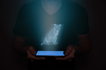A hologram of a seated tiger lurking for new prey projected from a mobile phone.
