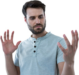 Man pretending to hold invisible object 