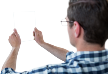 Man pretending to be using futuristic digital tablet