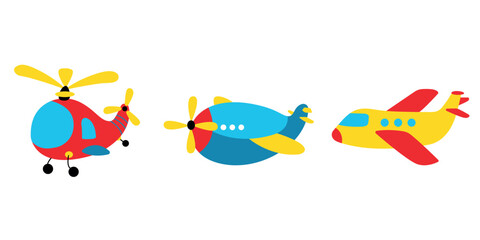 Cartoon air transport. Vector planes, airplanes, helicopters, airship, rocket, aircraft. Children toy planes set