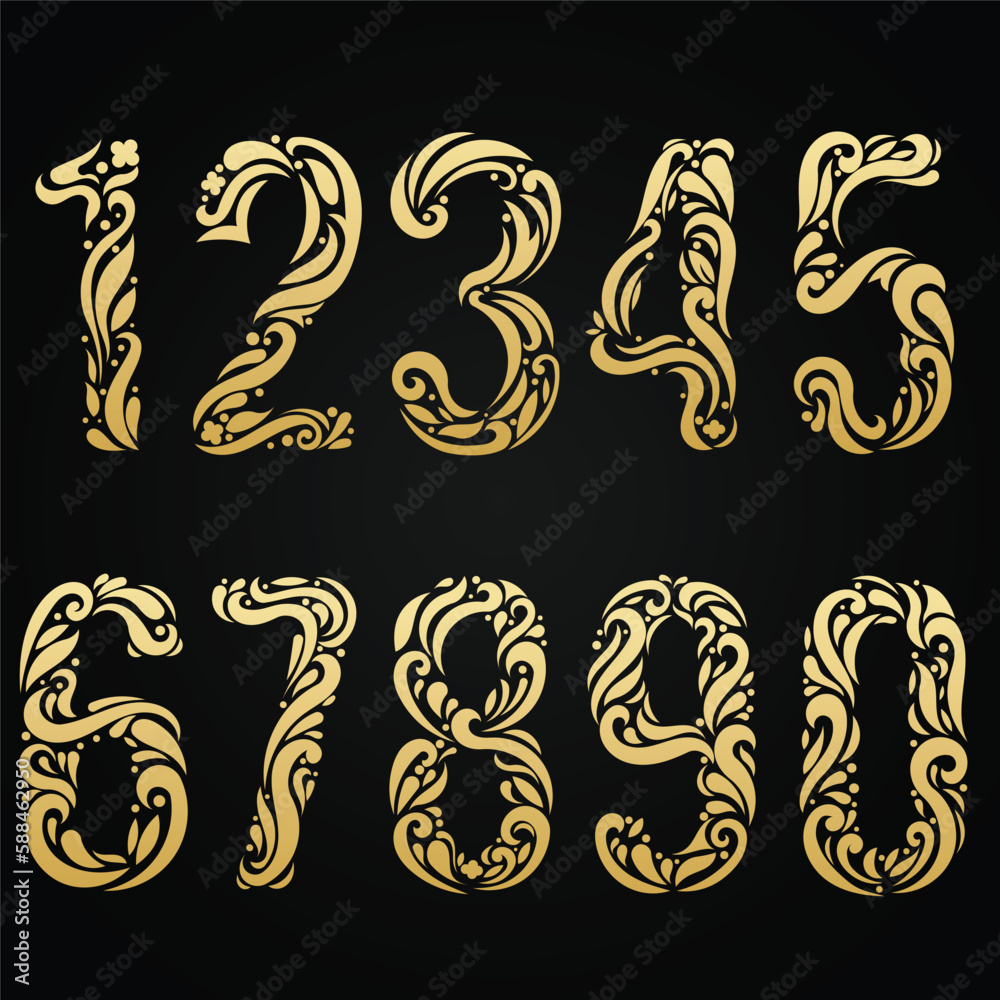 Wall mural golden floral numbers set. luxury gold premium design