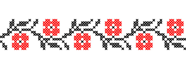 Ukrainian simple floral pattern in red and black colors. Vector ornament, border, pattern. Ukrainian folk, ethnic floral embroidery. Pixel art, vyshyvanka, cross stitch