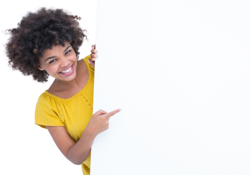 Pretty hipster pointing around blank sign