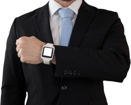 Mid section of businessman in suit wearing smartwatch