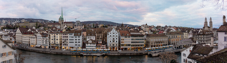 Fototapeta na wymiar Panoramic Twilight View of Zurich from Lindenhof Hill