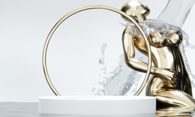 Water splashing on the female statue and  display stand for women's products, white style.3D rendering