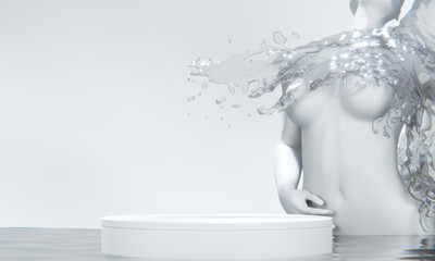 Water splashing on the female statue and  display stand for women's products, white style.3D rendering