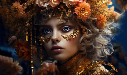 A young fairy girl with an electrifying look in a gold wrath. Generative ai.