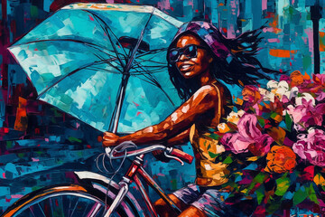 Obraz na płótnie Canvas beautiful black girl riding a bike enjoying the spring life , eco theme, generative ai illustration