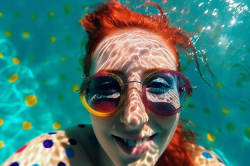 beautiful red/pink head girl in the swimming pool enjoying the sun, looking the camera, generative ai illustration