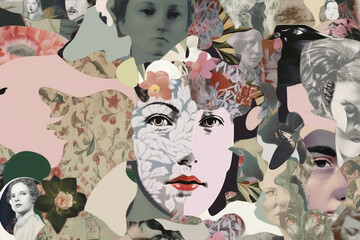 surreal collage of women faces pattern, generative ai illustration