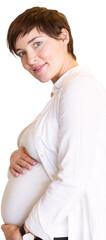 Portrait of smiling pregnant woman holding belly